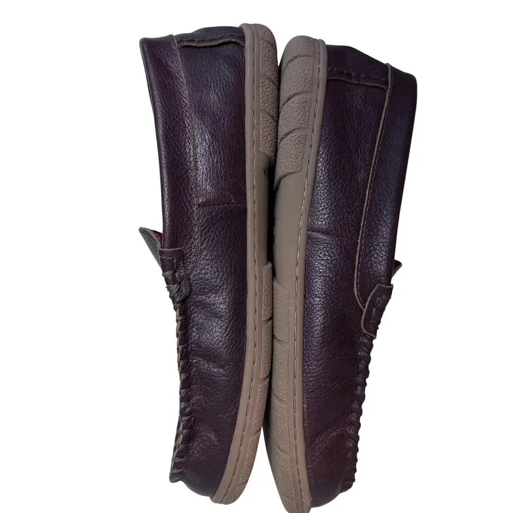 Flannel Lined Leather Moccasin House Shoes Lands End Men's Size 12D Brown Plaid